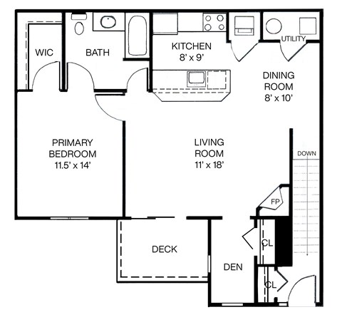 2-D floor plan of 1-bedroom upper apartment with a study and a balcony